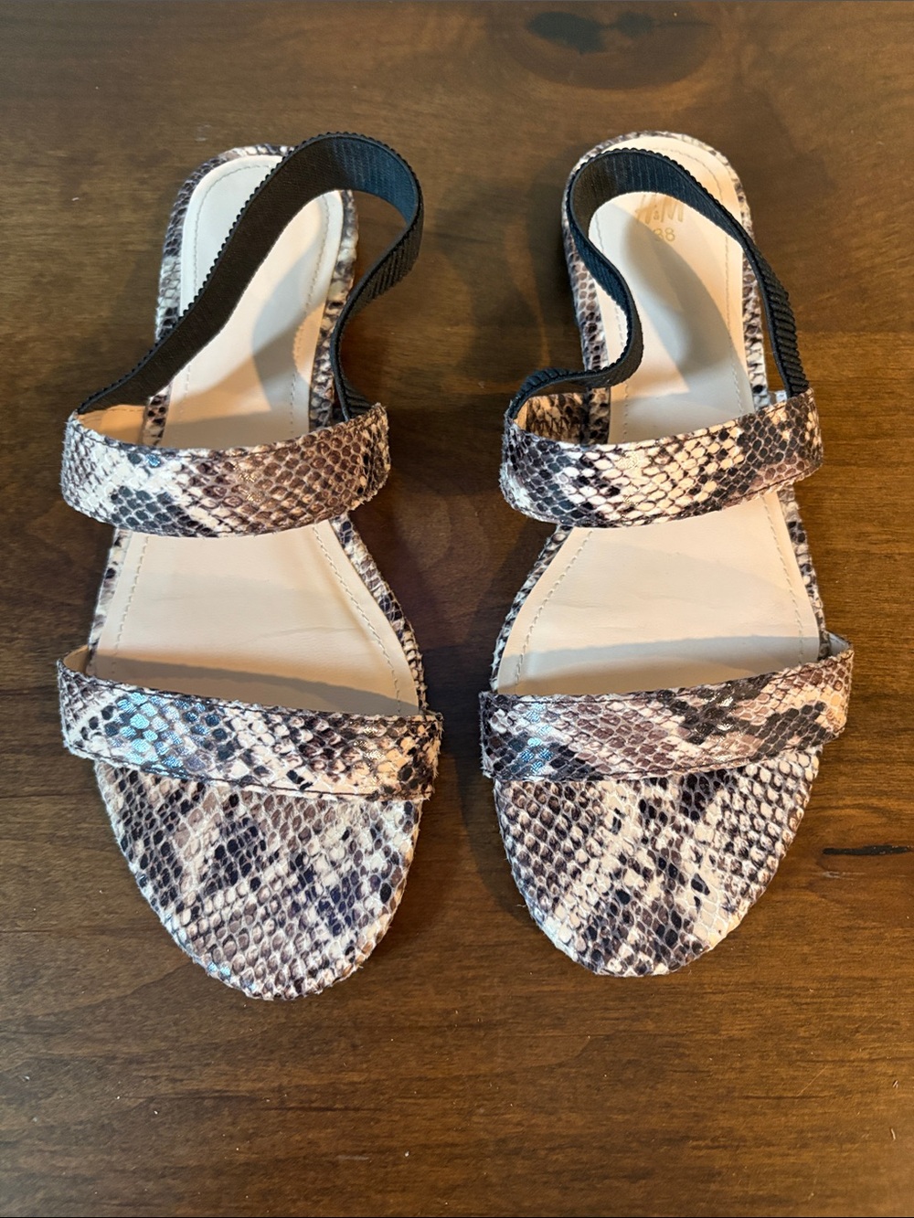 H&M Snake-Print Slingback Sandals in Beige and Brown